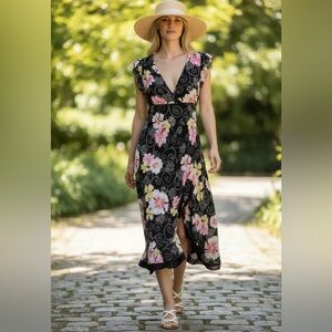 Chesley Vintage Y2K 90s Black Babydoll Chiffon Floral Whimsical Midi Dress Sz M